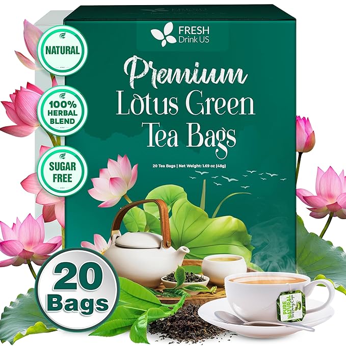 FreshDrinkUS, Premium 20 Tea Bags of Lotus Green Tea, 100% Natural. Exquisite Flavor, Handpicked Leaves, Perfect for Tea Lovers. No Sugar, No Gluten, Vegan. - Bloomnest