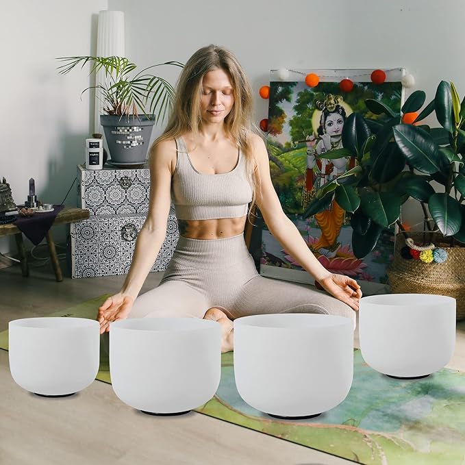 FMTY Crystal Singing Bowl Set - Perfect Pitch 6B+8G+10E+12C, White, Meditation, Yoga, Spiritual Healing - Bloomnest