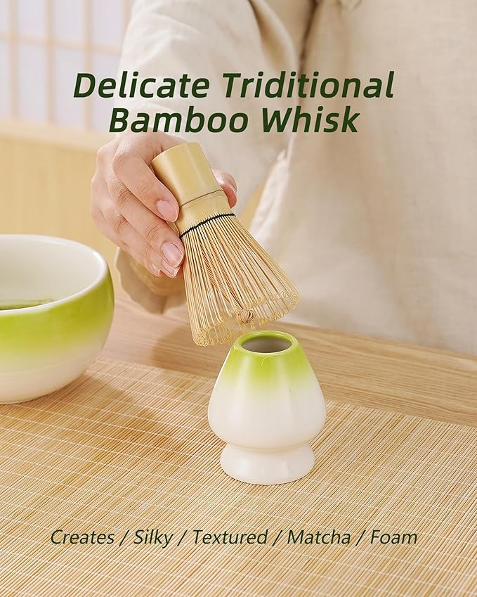 ZENS Matcha Whisk Set, 6pcs Matcha Kit Includes Ceramic Bowl, Handcrafted Bamboo Whisk and Chasen Holder, Scoop, 304 Sifter & Tea Mat，Matcha Set for Tea Ceremony,Latte Making, Green - Bloomnest