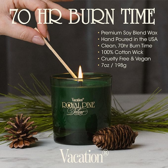 Royal Pine Deluxe Pine-Scented Candle by Vacation Sunscreen, Premium Soy-Blend Wax, 70-Hour Long Burning, Winter House Decor, Gift for Women & Men, 7 Oz. - Bloomnest