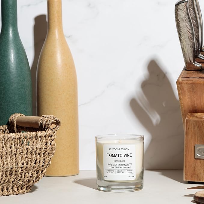 Outdoor Fellow Tomato Vine Scented Candle – 8oz Coconut Wax Blend – Strong Scent Throw – Inspired by Backyard Tomato Plants – Luxury Tomato Leaf Candle in Reusable Glass Jar - Bloomnest
