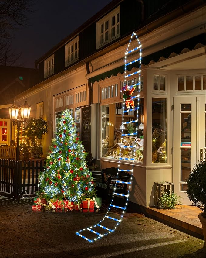 Toodour LED Christmas Lights - 10ft Christmas Decorative Ladder Lights with Santa Claus, Xmas Decorations Light for Indoor Outdoor, Window, Garden, Home, Wall, Xmas Tree Decor - White & Blue - Bloomnest
