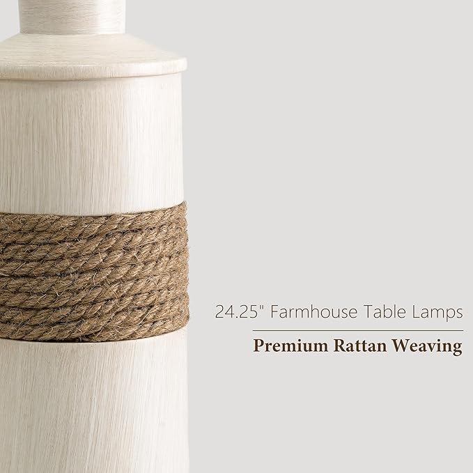 BOBOMOMO 24.5" Farmhouse Boho Table Lamps Set of 2, Hand-Woven Rattan Bedside Lamps with 3-Way Dimmable Touch Control & USB A+C Ports, Nightstand Lamp for Bedroom, Living Room, Corner (Bulbs Included) - Bloomnest