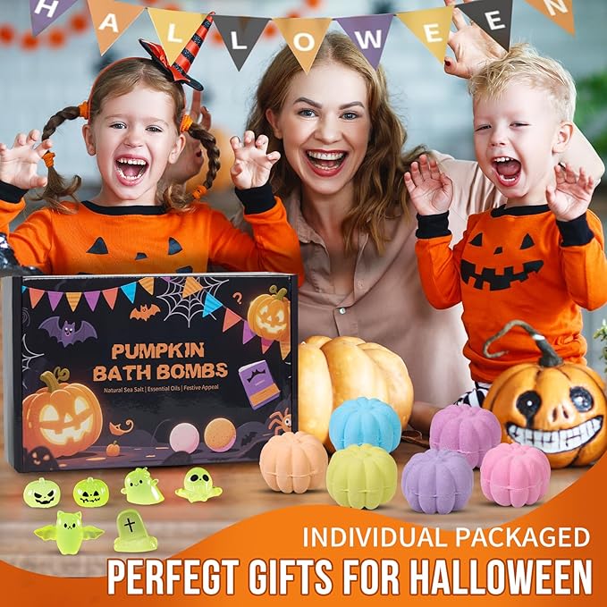 Halloween Bath Bombs for Kids Pumpkin Bath Bombs with Halloween Luminous Mini Resin Toys Inside Halloween Toys Halloween Treat Bags Gifts Kids Skin Care Bathbombs - Bloomnest
