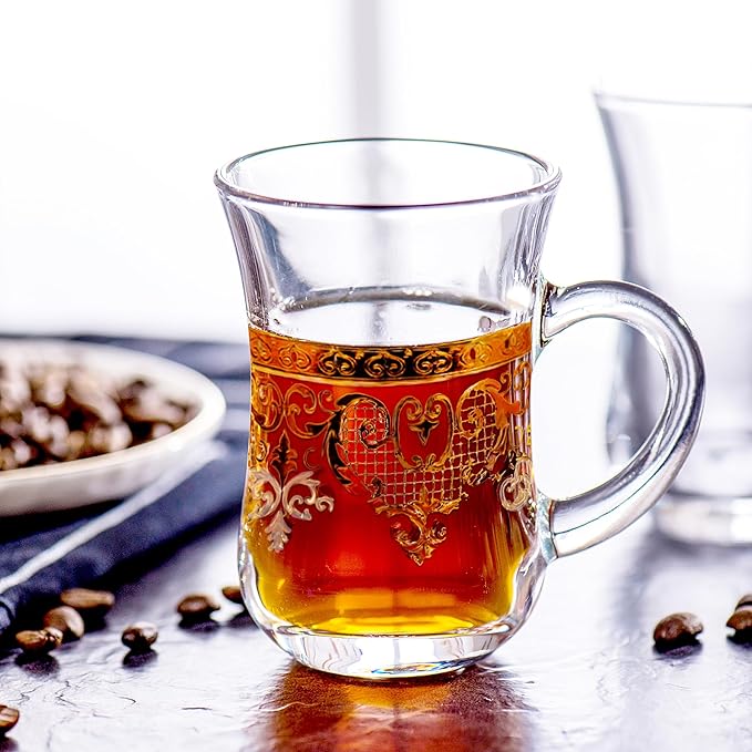 Turkish Tea Glasses Set of 6 - Gold Moroccan Tea Cups with Handle - 5 oz Footed Glass Coffee Mugs for Hot Cold Beverages Drinks