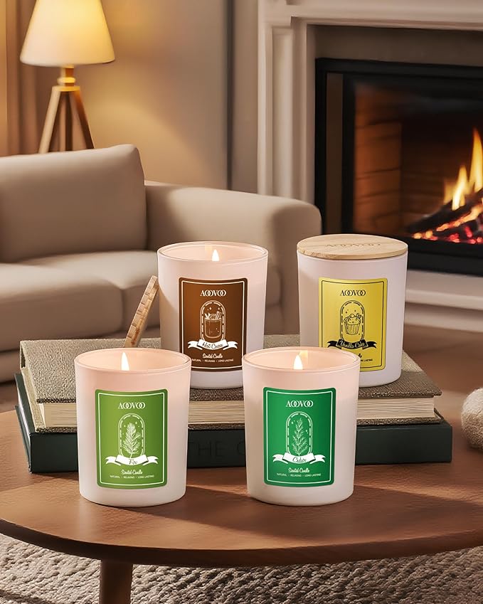 AOOVOO Winter Candles Set for Women - 4 Pack Candles for Home Scented, Aromatherapy Candle with Crystals, 28 oz 200 Hour Long Lasting Candle, Winter Fragrance of Cedar, Fir, Hot Cocoa, Vanilla Cake - Bloomnest