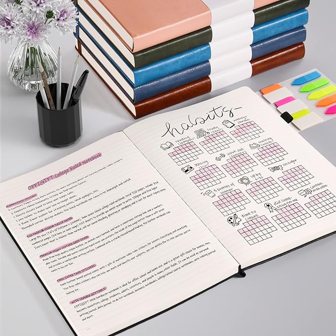 College Ruled Notebook, Large B5 Lined Journal Notebook, 314 Numbered Pages Work Notebook with Index Stickers, 100gsm Thick Paper, Hardcover Vegan Leather Journal for Women Men School Office, Pink - Bloomnest