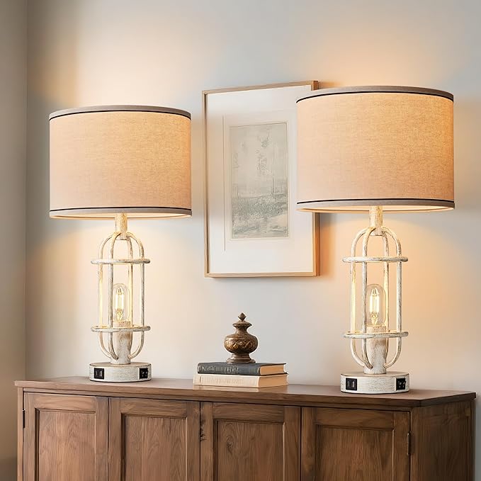 22.3" Farmhouse Table Lamps Set of 2, Vintage Lamps for Living Room End Tables, Bedroom Lamp for NightStand with USB C+A Ports, Antique White - Bloomnest