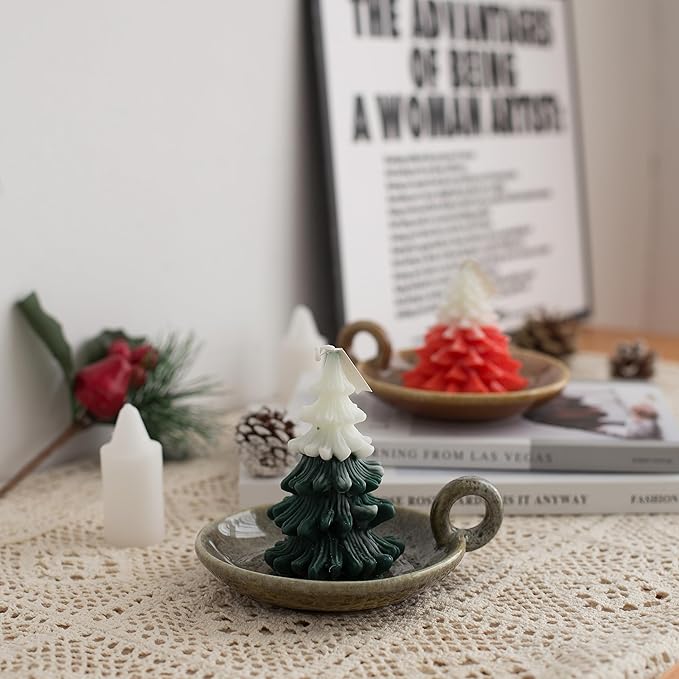 1pack Vintage Ceramic Candle Holders with Handle, Round Farmhouse Ceramic Plate Tray,Sage Holder for Burning,Incense Holder for Meditation Room Home Decor(Green) - Bloomnest