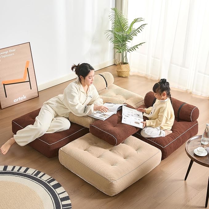 35.4x33.5 Inch Floor Pillow, Large Round Floor Cushion with Removable Washable Cover - Ultra Soft Plush Filling for Adults, Kids, Lounge, Bedroom, Reading Nook, Meditation, Corduroy, Camel