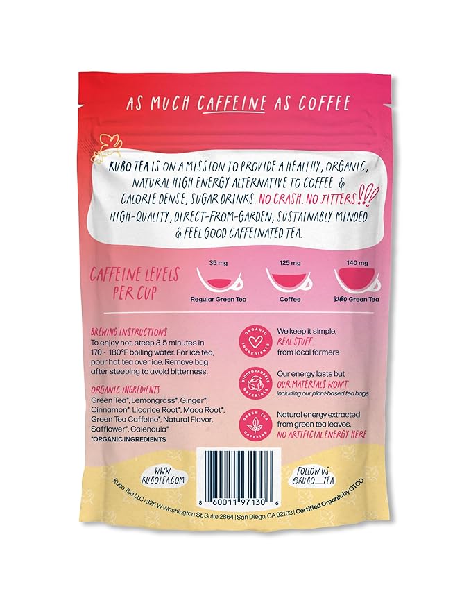 Kubo Tea Organic Maca Passionfruit Tea - High Caffeine Maca Root Coffee Substitute with 20 Servings (140mg Caffeine each) - Plant Based Pillow Tea Bag - Compostable Kraft and Biodegradable Packaging - Bloomnest