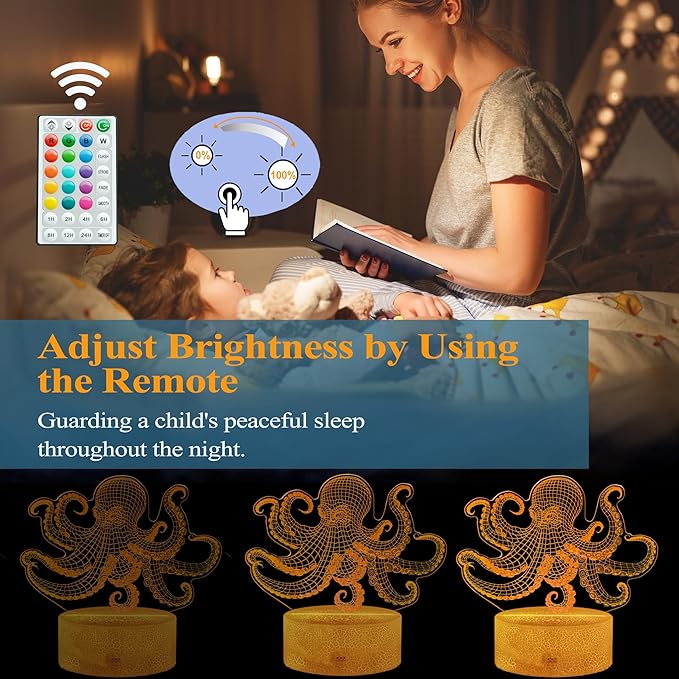 Octopus Night Light, 3D Illusion Night Light Lamp, Octopus Stuff with 16 Colors Changing, Timer, 4 Flash Modes and Dimmable, Kids Room Decoration, Xmas Gifts - Bloomnest