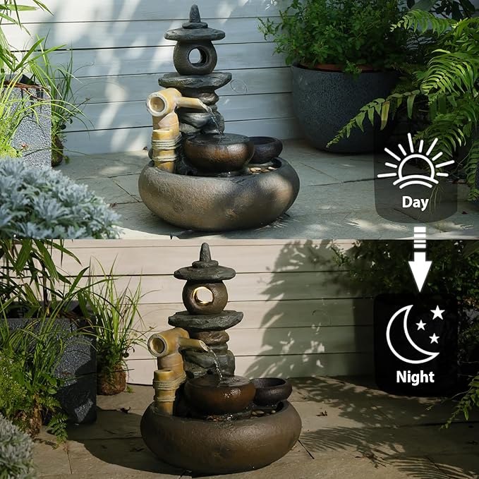 21" H Pagoda and Bamboo Outdoor&Indoor Outdoor Water Fountain, Natural Zen Decor Desian Outside Waterfall with LED Lights - Suitable for Garden/Patio/Yard/Deck/Balcony and Home Art Decor Resin - Bloomnest