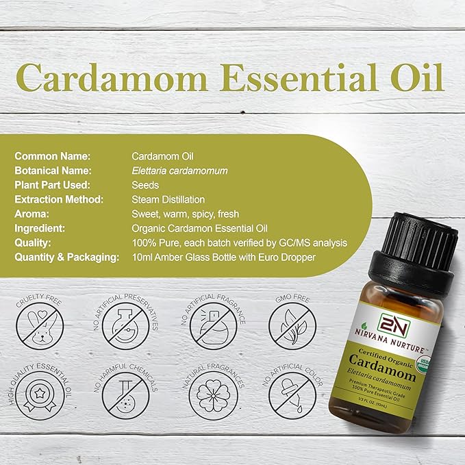 Cardamom Essential Oil, USDA Certified Organic, 100% Pure Undiluted, Aromatherapy Oil for Diffuser, Hair & Skin Care NirvanaNurture