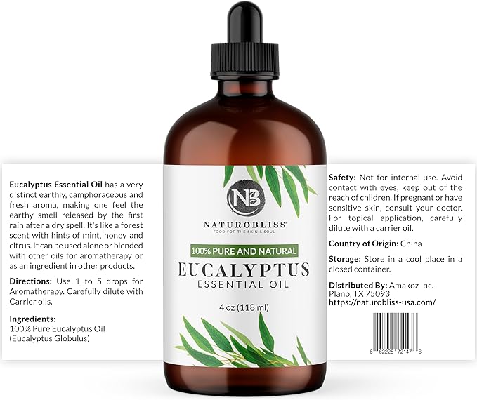 NaturoBliss Essential Oil with Glass Dropper - 100% Pure and Natural - Essential Oils for Diffuser, Aromatherapy, Soap and Candle Making, Eucalyptus Essential Oil, Eucalyptus Oil, 4 Fl Oz - Bloomnest