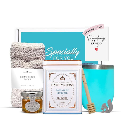 Tea Gift Set for Women – Thoughtful Get Well Gift Box with Cozy Socks, Stainless Tumbler, 20 Tea Sachets, Honey Jar & Sending Hugs Card (Earl Grey Tea - Cloud Socks) - Bloomnest