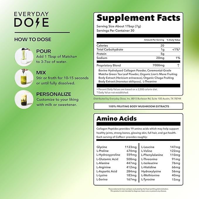 Everyday Dose Mushroom Matcha+ Ceremonial Grade Matcha Powder - Japanese Tea With Grass-Fed Collagen, Lion's Mane, Chaga, L-Theanine - For Better Focus, Energy, Digestion and Immunity - 30 Servings - Bloomnest