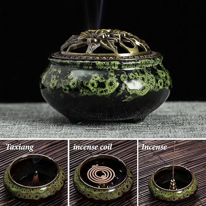Ceramic Incense Burner with Lid, Bowl Burner， Cone Incense Burner, Ceramic Censer Suitable for Incense/Cone/Coil/Sticks, There are 30 Incense Cones+ Metal Incense Holder+Fireproof Cotton Inside. - Bloomnest