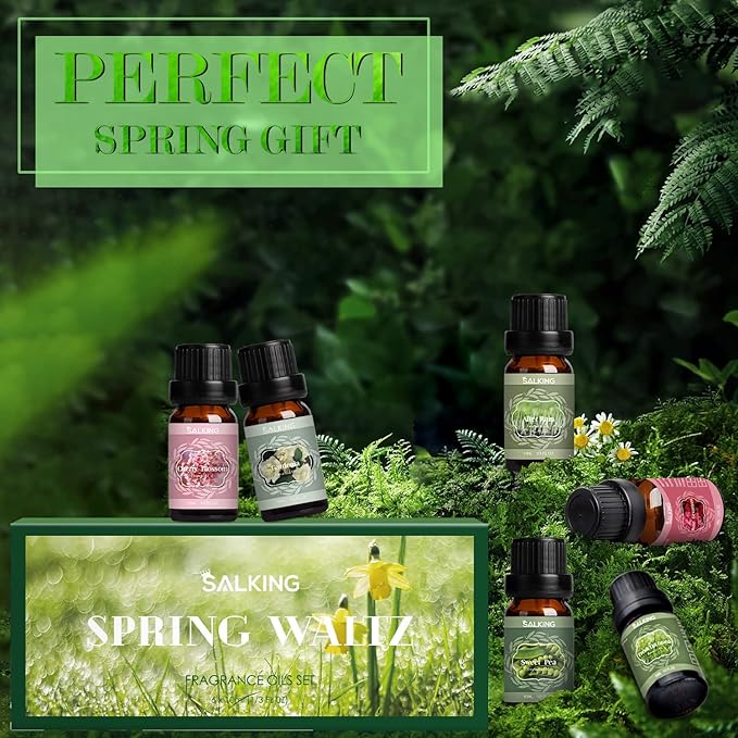 SALKING Spring Fragrance Oils Set, Premium Essential Oils Gift Set for Diffuser, Scented Oil for Soap & Candle Making - After Rain, Fresh Cut Grass, Sweet Pea, Rose Geranium, Cherry Blossom, Gardenia - Bloomnest