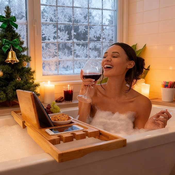 Utoplike Bamboo Bathtub Caddy Tray Bath Tray for Tub, Adjustable Bathroom Bathtub Organizer with Book Tablet Wine Glass Cup Towel Holder (24.5"-37.4") - Bloomnest