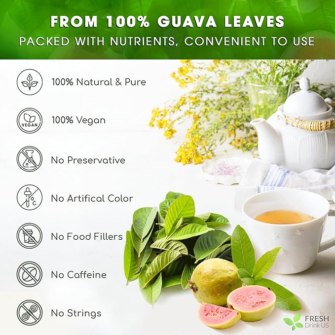 FreshDrinkUS, Premium 135 Guava Leaf Tea Bags, Handmade, From Great Origin, 100% Natural and Pure. Guava Tea, Loose Leaf Herbal Tea. No Sugar/Caffeine/Gluten, Vegan. - Bloomnest