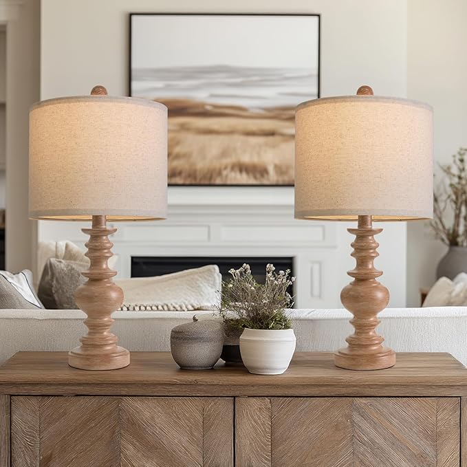BOBOMOMO 20" Rustic Bedside Lamps Set of 2- Vintage Resin Table Lamps for Nightstands with Linen Shades, Farmhouse Lamps for Living Room, Bedroom, and Hallway (Light Brown) - Ideal for Compact Spaces - Bloomnest