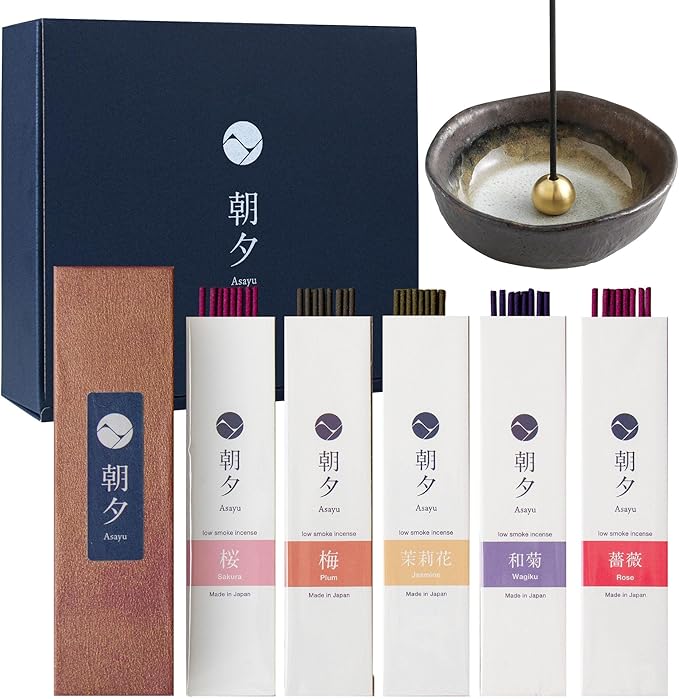 Asayu Japan Incense Gift Set - Floral Scent Collection - 1 Incense Holder, 20g Incense Sticks, 5 Floral Scents - 100% Made in Japan - for Yoga, Zen Meditation & Relaxation