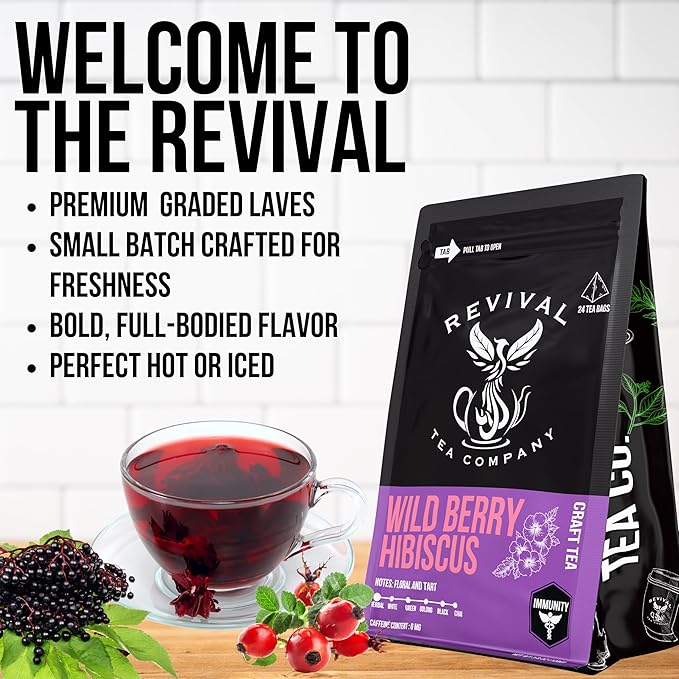 Revival Tea Company Wild Berry Hibiscus Tea - Herbal Tea Blend with Elderberry and Natural Wild Berry Flavor - Caffeine Free - 24 Tea Bags - Bloomnest