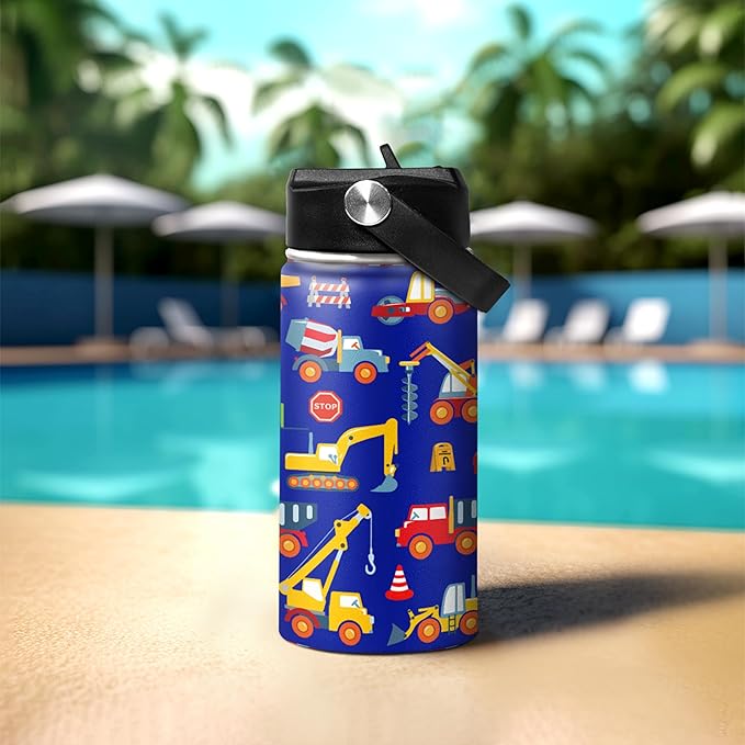 Kids Water Bottle with Straw Construction Insulated Water Bottles 12oz Stainless Steel Travel School Tumbler Double Wall Vacuum Cup for Boys Kid - Bloomnest
