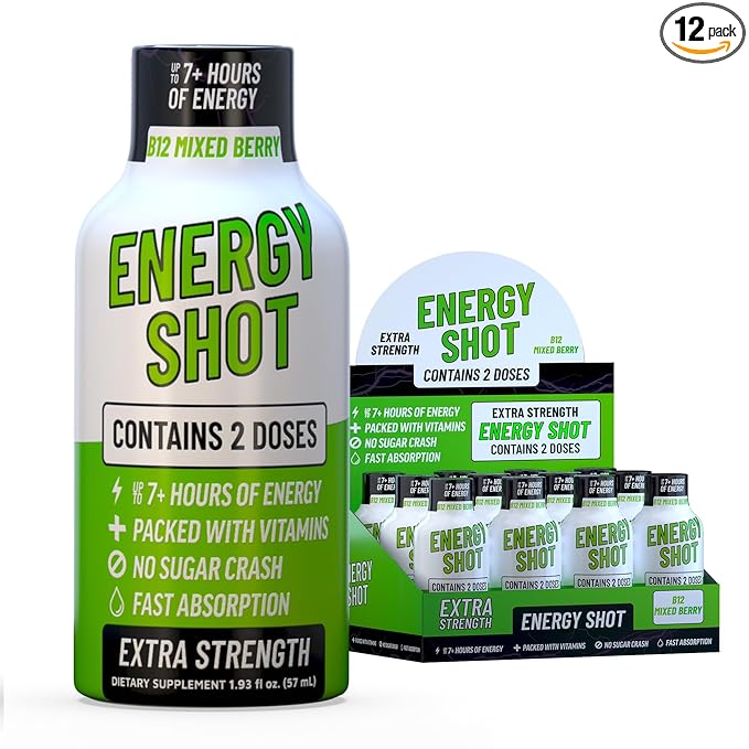 B12 Mixed Berry Extra Strength Energy Shot 12 pk – 260mg Natural Caffeine B12 B6 – Energy & Vitality Support – 2 Servings Sugar Free Zero Calorie Green Tea B-Vitamins Electrolytes Vegan – 1.93 fl oz - Bloomnest