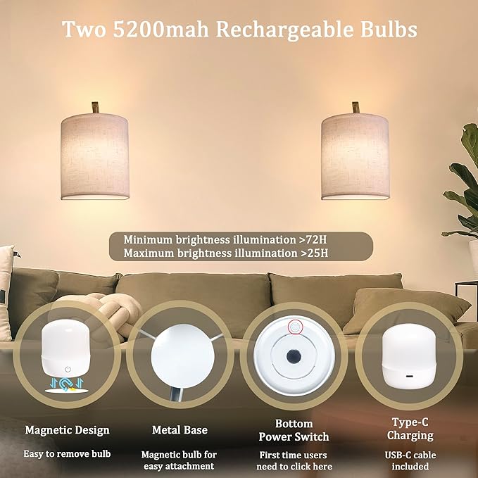 Battery Operated Wall Sconces Set of 2 Rechargeable Wall Lights with Remote Dimmable Magnetic LED Bulbs12 RGB Colors and Timer Wireless Sconces for Bedroom Living Room - Bloomnest