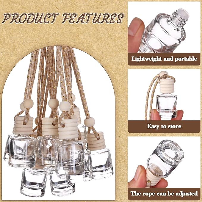 50Pcs Hanging Car Air Freshener Diffuser with Wooden Caps 8ML Empty Clear Car Diffuser Bottles Hanging Glass Essential Diffuser Oil Fragrance Perfume Pendant Glass Vial,Cylindrical - Bloomnest