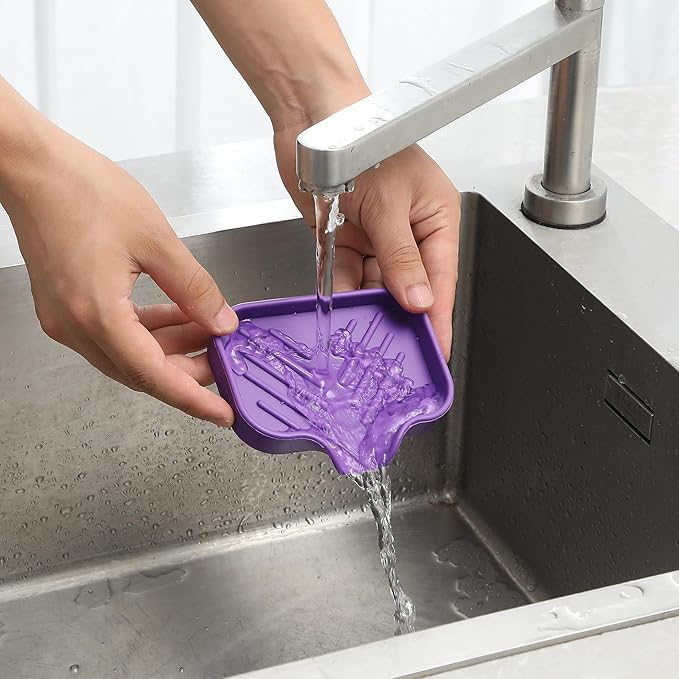 Silicone Bathroom Soap Dishes with Drain Spout-Bathroom and Kitchen Sink Organizer,Sponge Holder,Dish Soap Tray,Perfect for Dispenser,Scrubber,Bottle,Cup on Sink or Counter-Purple 4.9"×3.2" - Bloomnest