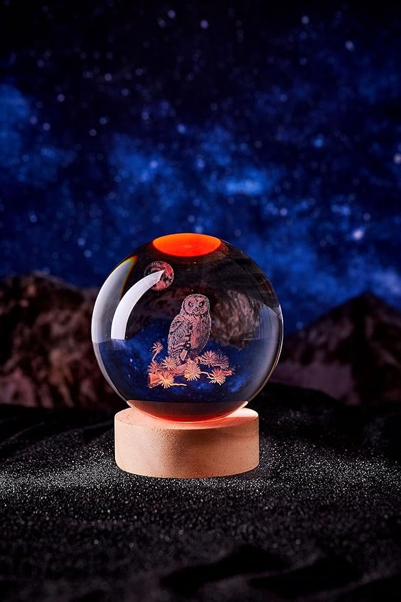 3D Large Owl Crystal Ball Night Light with Wooden Base, Owls Crystal Lamp Gift for Kids Wife Friends, 16 Color Changing with Remote Control, Laser Engraved 3.15 inch Glass Ball Lamp (Owl) - Bloomnest