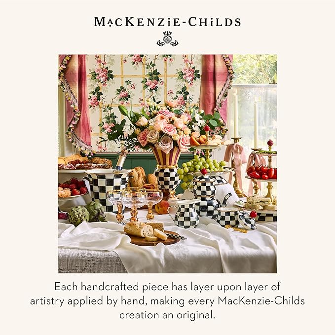 MACKENZIE-CHILDS Enamel High-Tea Teapot, Cup, and Lid, Cute Teapot and Teacup Combo, Black-and-White Courtly Check - Bloomnest