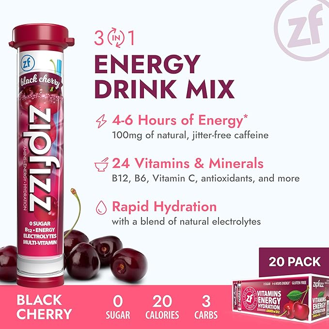 Zipfizz Daily Energy Drink Powder, Black Cherry, 20 Pack | 3-in-1 Sustained Energy, Rapid Hydration, and Essential Vitamins | Sugar-Free | Electrolyte Powder | Contains Vitamin B-12 & Antioxidants - Bloomnest