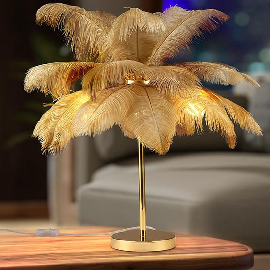MAYOLA Modern Ostrich Feather Table Lamp with Plug in Wire,3-Light Bedside Floor Lamp for Living Room, Bedroom and Office 24” Tall Feather Desk Lamp (Ostrich Color, Table Lamp-Metal) - Bloomnest