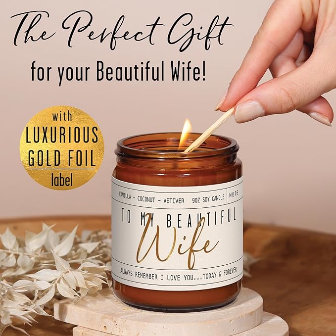 Wedding Anniversary Gifts for Wife, Wife Gifts - "To My Beautiful Wife" Soy Candle, w/Vanilla, Coconut & Vetiver I Gift for Wife from Husband I Anniversary Gifts for Women I 50Hr Burn, Made in USA - Bloomnest