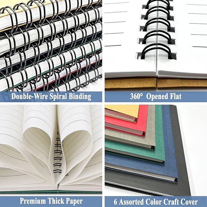 GINMLYDA Small Spiral Notebook 6Pack, 120 Lined Pages 8.25x5.50 Inches Spiral Journal Kraft Cover Notebooks & Writing Pads for School Home Office Aesthetic Sketch Drawing Note - Bloomnest