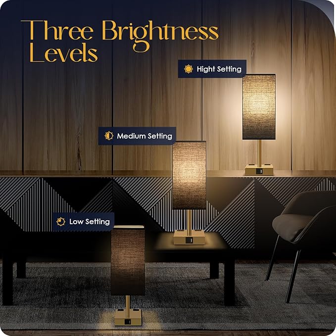 Bedside Lamp with USB Ports - Touch Control Table Lamp for Bedroom with USB C+A Charging Ports & AC Outlets, 3 Way Dimmable Nightstand Light for Living Room (LED Bulb Included, Brass - Black) - Bloomnest