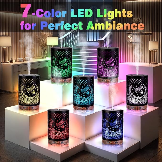 Essential Oil Diffuser 120ML Metal Aromatherapy Diffuser with Timer, Cool Mist Humidifier with Auto Shut-Off & 7 Color Lights for Home Office Spa (Bird) - Bloomnest