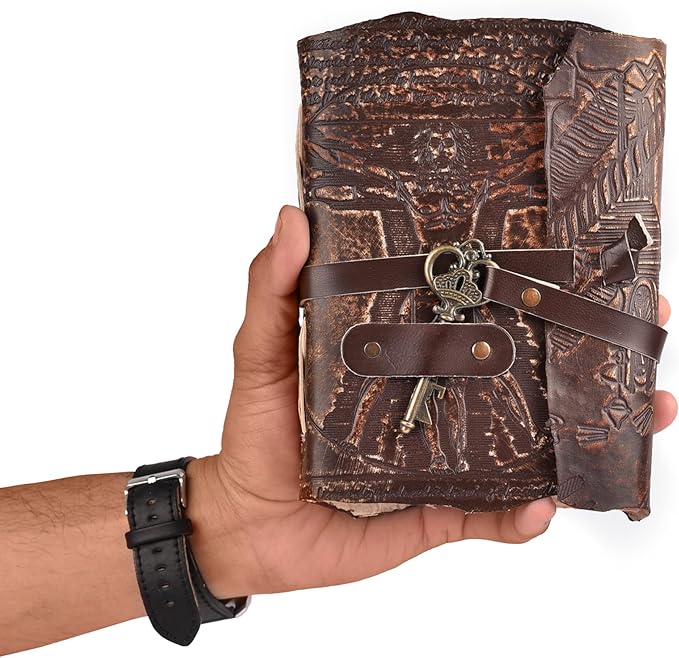 LEATHER VILLAGE Genuine Leather Handmade Journal for Men & Women – Vitruvian Man Embossed Cover – Key Closure – Book of Shadow – Vintage Deckle Edge Paper for Writing, Drawing – 7x5 Inches – Brown - Bloomnest