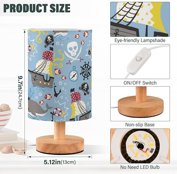 Table Lamp Pirate Marine Animal Octopus Whale Fish Nautical Skull Nightstand Lamp with Wood Base Fabric Lamp Shade Bedside Desk Lamp for Living Room Bedroom Kids Room Office - Bloomnest