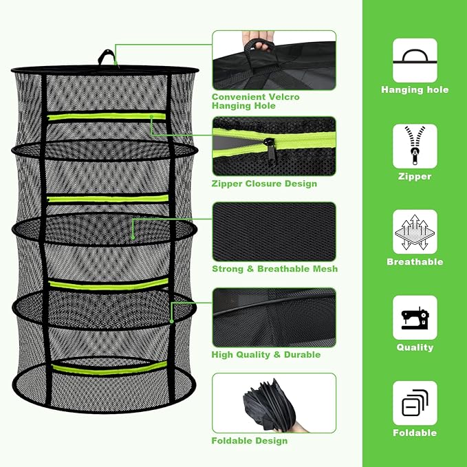 8 Layer Large Capacity Herb Drying Rack, Collapsible Hanging Mesh Net with Green Zipper, Hooks & Bonus Garden Scissors, Bulk Drying for Fresh Herbs, Flowers & Plants – Indoor Outdoor (23.62") - Bloomnest