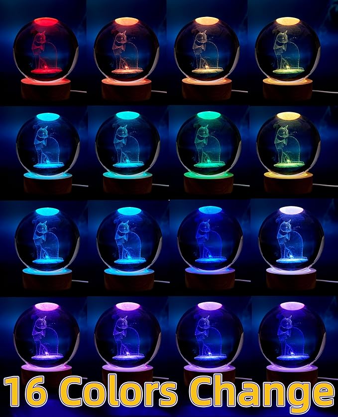 Cat Crystal Ball Lamp, 3.15 inch 3D K9 Crystal Ball Night Light with Wooden Base, 16 Color Change with Remote Control - Bloomnest