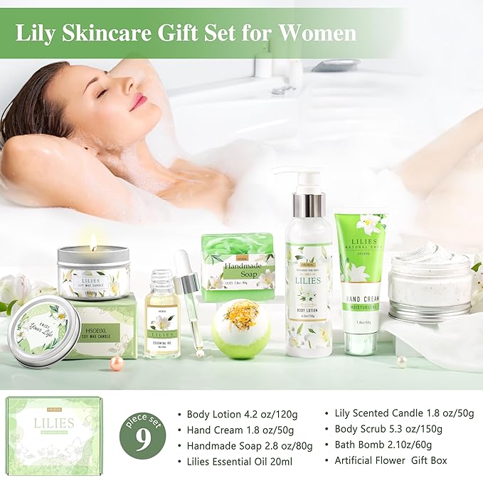 Gifts for Women, Birthday Gifts for Women, Bath and Body Gifts Set, Lilies Self Care Set,Christmas Mothers Day Relaxing Spa Basket for Mom, Grandma, Girlfriend, Sister, Friends - Bloomnest