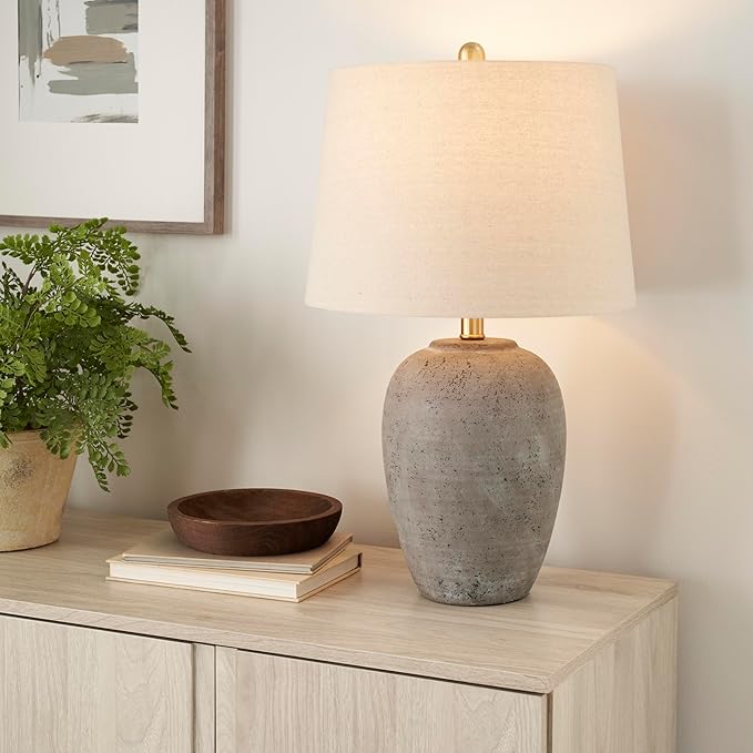 Nourison Home 23" Greyish Brown Earth Tone Rustic Farmhouse Ceramic Table Lamp for Bedroom, Living Room, Dining, Office, with Beige Linen Shade - Bloomnest