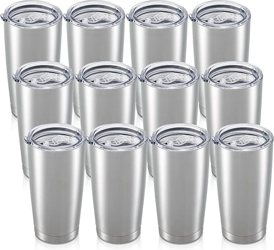 20 oz Tumbler with Lid Stainless Steel Insulated Tumblers Bulk Double Wall Vacuum Cups Powder Coated Travel Mug Keep Drinks Cold and Hot, Stainless Steel, 12 Pack