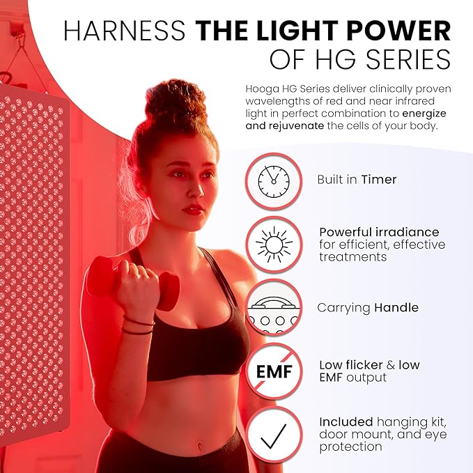 Hooga Red Light Therapyfor Face & Body, 60 LEDs, 660nm Red 850nm Near Infrared with Timer for Pain Relief, Skin Health, Anti-Aging, Sleep, Energy & Recovery, Includes Hanging Kit & Handle - HG300 - Bloomnest