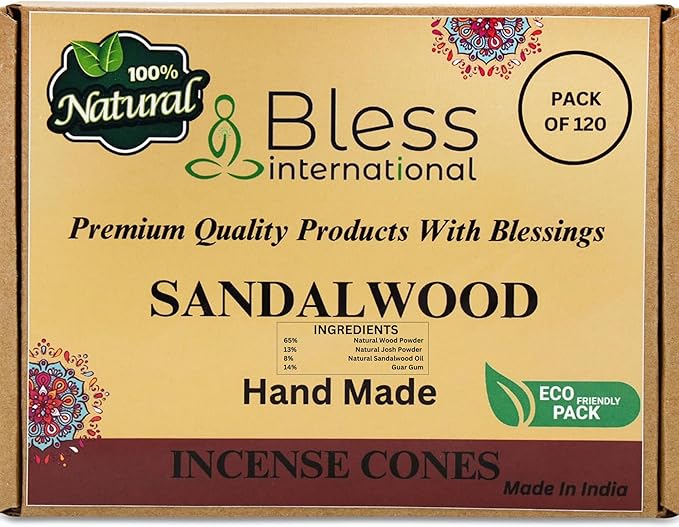 Bless International Sandalwood 100%-Natural-Incense-Cones Handmade-Hand-Dipped Organic-Chemicals-Free for-Purification-Relaxation-Positivity-Yoga-Meditation The-Best-scents 120 Count BlessInternational